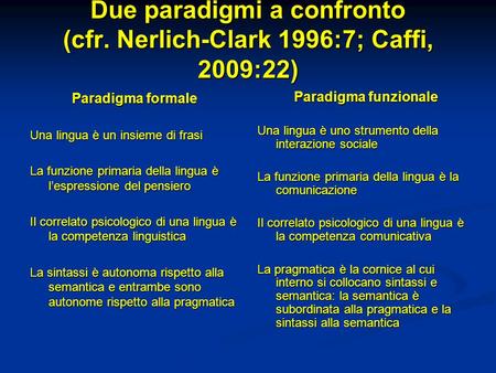Due paradigmi a confronto (cfr. Nerlich-Clark 1996:7; Caffi, 2009:22)