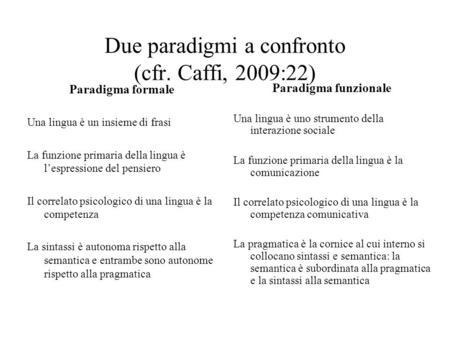 Due paradigmi a confronto (cfr. Caffi, 2009:22)