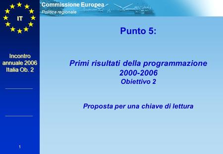 Politica regionale Commissione Europea Incontro annuale 2006 Italia Ob. 2 IT 1 Punto 5: Primi risultati della programmazione 2000-2006 Obiettivo 2 Proposta.