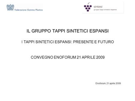 IL GRUPPO TAPPI SINTETICI ESPANSI I TAPPI SINTETICI ESPANSI: PRESENTE E FUTURO CONVEGNO ENOFORUM 21 APRILE 2009 Enoforum, 21 aprile 2009.