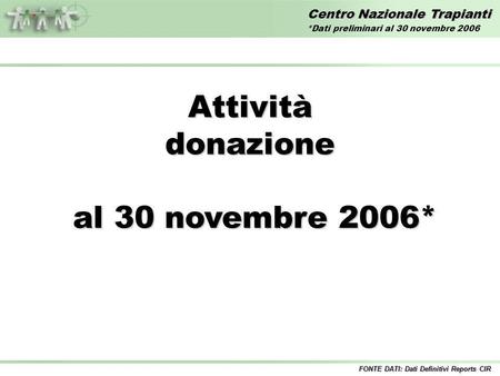 Centro Nazionale Trapianti Attivitàdonazione al 30 novembre 2006* al 30 novembre 2006* FONTE DATI: Dati Definitivi Reports CIR *Dati preliminari al 30.