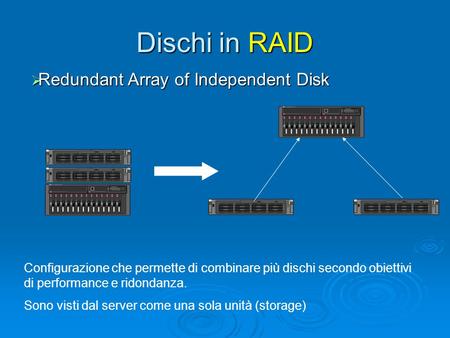 Dischi in RAID  Redundant Array of Independent Disk Configurazione che permette di combinare più dischi secondo obiettivi di performance e ridondanza.