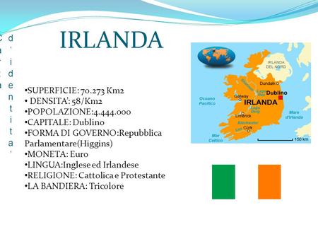 IRLANDA Carta d’identita’ SUPERFICIE: Km2 DENSITA’: 58/Km2