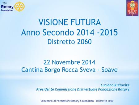 VISIONE FUTURA Anno Secondo 2014 -2015 Distretto 2060 22 Novembre 2014 Cantina Borgo Rocca Sveva - Soave Luciano Kullovitz Presidente Commissione Distrettuale.