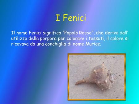 I Fenici Il nome Fenici significa “Popolo Rosso”, che deriva dall’ utilizzo della porpora per colorare i tessuti, il colore si ricavava da una conchiglia.
