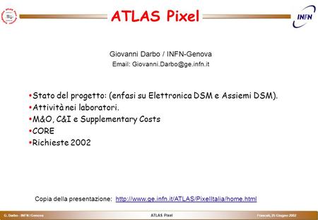 ATLAS Pixel G. Darbo - INFN / Genova Frascati, 25 Giugno 2002 ATLAS Pixel Giovanni Darbo / INFN-Genova    Stato del progetto: