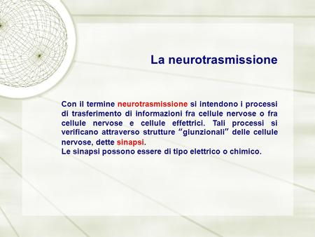 La neurotrasmissione Con il termine neurotrasmissione si intendono i processi di trasferimento di informazioni fra cellule nervose o fra cellule nervose.