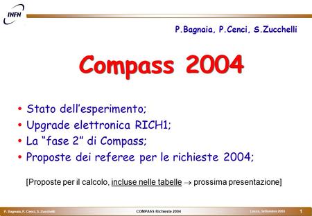 COMPASS Richieste 2004 P. Bagnaia, P. Cenci, S. Zucchelli Lecce, Settembre 2003 1 Compass 2004  Stato dell’esperimento;  Upgrade elettronica RICH1; 