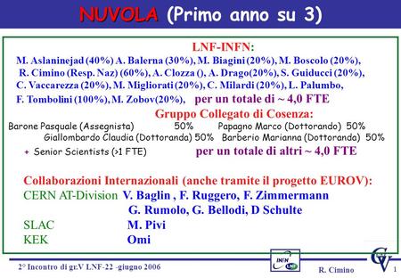 R. Cimino 2° Incontro di gr.V LNF-22 -giugno 2006 1 NUVOLA NUVOLA (Primo anno su 3) LNF-INFN: M. Aslaninejad (40%) A. Balerna (30%), M. Biagini (20%),