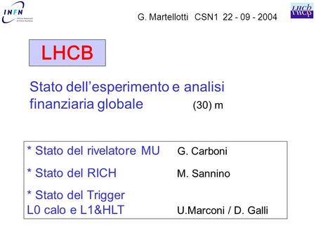 LHCB * Stato del rivelatore MU G. Carboni * Stato del RICH M. Sannino * Stato del Trigger L0 calo e L1&HLT U.Marconi / D. Galli G. Martellotti CSN1 22.