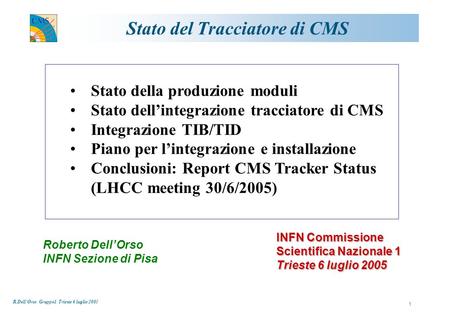 R.Dell’Orso Gruppo1 Trieste 6 luglio 2005 1 Stato del Tracciatore di CMS Stato della produzione moduli Stato dell’integrazione tracciatore di CMS Integrazione.