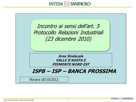 1 Area Valle d’Aosta e Piemonte Nord Est Incontro ai sensi dell’art. 5 Protocollo Relazioni Industriali (23 dicembre 2010) ISPB – ISP – BANCA PROSSIMA.