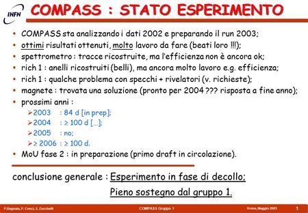 COMPASS Gruppo 1 P.Bagnaia, P. Cenci, S. Zucchelli Roma, Maggio 2003 1 COMPASS : STATO ESPERIMENTO  COMPASS sta analizzando i dati 2002 e preparando il.
