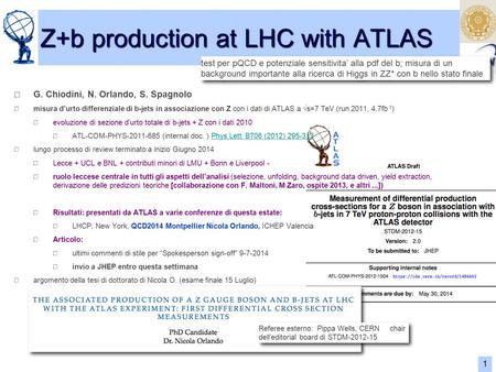 Lecce 1 Z+b production at LHC with ATLAS G. Chiodini, N. Orlando, S. Spagnolo misura d’urto differenziale di b-jets in associazione con Z con i dati di.