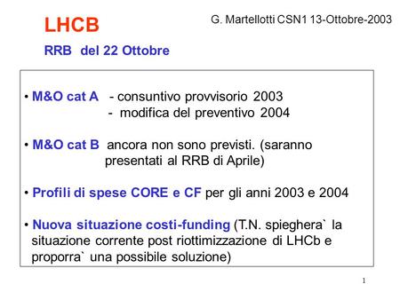 1 M&O cat A - consuntivo provvisorio 2003 - modifica del preventivo 2004 M&O cat B ancora non sono previsti. (saranno presentati al RRB di Aprile) Profili.