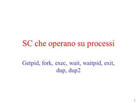 1 SC che operano su processi Getpid, fork, exec, wait, waitpid, exit, dup, dup2.