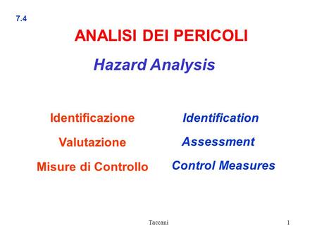 Taccani1 7.4 Identification ANALISI DEI PERICOLI Hazard Analysis Identificazione Valutazione Misure di Controllo Control Measures Assessment.
