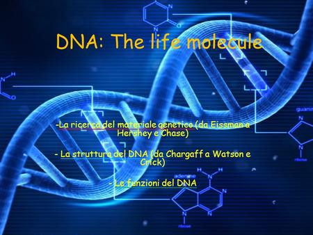 DNA: The life molecule La ricerca del materiale genetico (da Eissman a Hershey e Chase) La struttura del DNA (da Chargaff a Watson e Crick) Le funzioni.