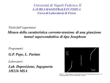 Università di Napoli Federico II Titolo dell’esperienza: Misura della caratteristica corrente-tensione di una giunzione tunnel superconduttiva di tipo.