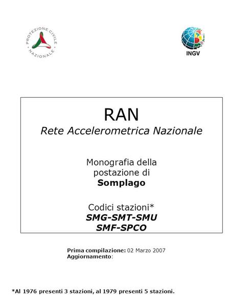 RAN Rete Accelerometrica Nazionale Monografia della postazione di Somplago Codici stazioni* SMG-SMT-SMU SMF-SPCO Prima compilazione: 02 Marzo 2007 Aggiornamento: