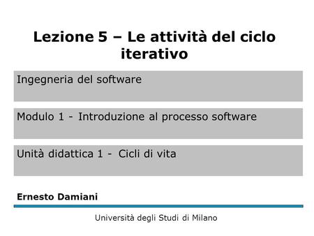 Ingegneria del software Modulo 1 -Introduzione al processo software Unità didattica 1 -Cicli di vita Ernesto Damiani Università degli Studi di Milano Lezione.