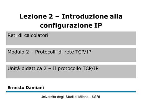 Reti di calcolatori Modulo 2 -Protocolli di rete TCP/IP Unità didattica 2 – Il protocollo TCP/IP Ernesto Damiani Università degli Studi di Milano - SSRI.
