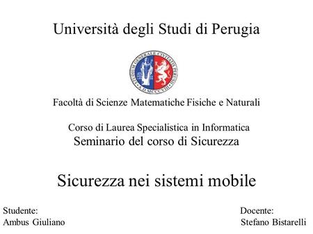 Università degli Studi di Perugia Facoltà di Scienze Matematiche Fisiche e Naturali Corso di Laurea Specialistica in Informatica Seminario del corso di.
