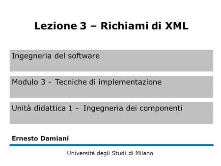 Ingegneria del software Modulo 3 -Tecniche di implementazione Unità didattica 1 -Ingegneria dei componenti Ernesto Damiani Università degli Studi di Milano.