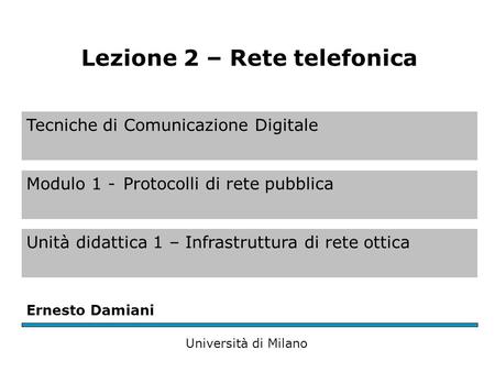 Tecniche di Comunicazione Digitale Modulo 1 -Protocolli di rete pubblica Unità didattica 1 – Infrastruttura di rete ottica Ernesto Damiani Università di.