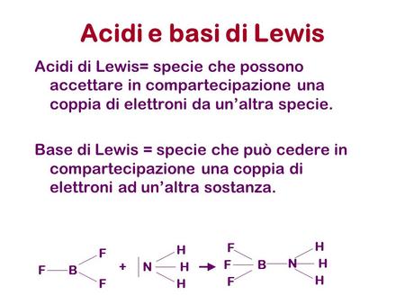 Acidi e basi di Lewis Acidi di Lewis= specie che possono accettare in compartecipazione una coppia di elettroni da un’altra specie. Base di Lewis = specie.
