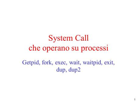 1 System Call che operano su processi Getpid, fork, exec, wait, waitpid, exit, dup, dup2.