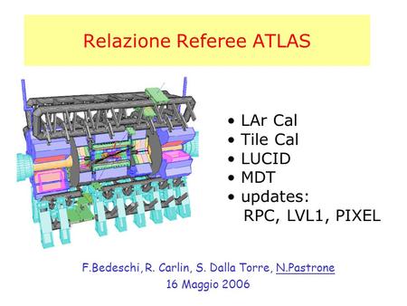 Relazione Referee ATLAS F.Bedeschi, R. Carlin, S. Dalla Torre, N.Pastrone 16 Maggio 2006 LAr Cal Tile Cal LUCID MDT updates: RPC, LVL1, PIXEL.