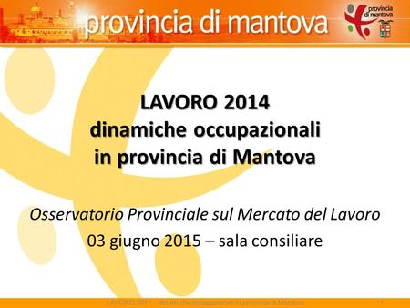 LAVORO 2014 dinamiche occupazionali in provincia di Mantova Osservatorio Provinciale sul Mercato del Lavoro 03 giugno 2015 – sala consiliare LAVORO 2011.