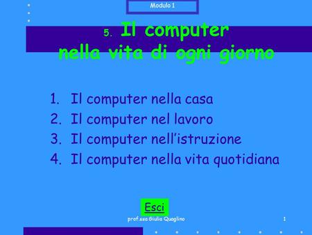 Modulo 1 prof.ssa Giulia Quaglino1 5. Il computer nella vita di ogni giorno 1.Il computer nella casa 2.Il computer nel lavoro 3.Il computer nell’istruzione.