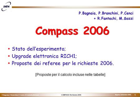 COMPASS Richieste 2006 P.Bagnaia, P.Branchini, P. Cenci, R.Fantechi, M.Sozzi Napoli, Settembre 2005 1 Compass 2006  Stato dell’esperimento;  Upgrade.