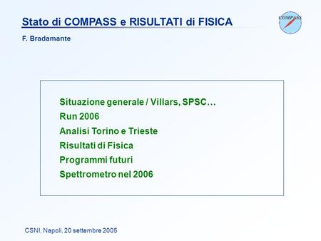 CSN!, Napoli, 20 settembre 2005 Stato di COMPASS e RISULTATI di FISICA Situazione generale / Villars, SPSC… Run 2006 Analisi Torino e Trieste Risultati.