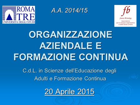 ORGANIZZAZIONE AZIENDALE E FORMAZIONE CONTINUA C.d.L. in Scienze dell’Educazione degli Adulti e Formazione Continua Adulti e Formazione Continua 20 Aprile.
