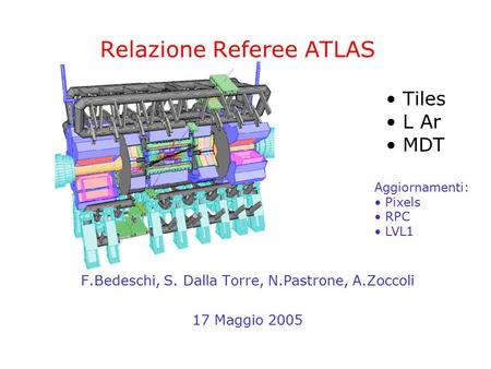 Relazione Referee ATLAS F.Bedeschi, S. Dalla Torre, N.Pastrone, A.Zoccoli 17 Maggio 2005 Tiles L Ar MDT Aggiornamenti: Pixels RPC LVL1.