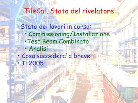 23 Settembre 2004Nino Del Prete1 TileCal, Stato del rivelatore Stato dei lavori in corso: Commissioning/Installazione Test Beam Combinato Analisi Cosa.