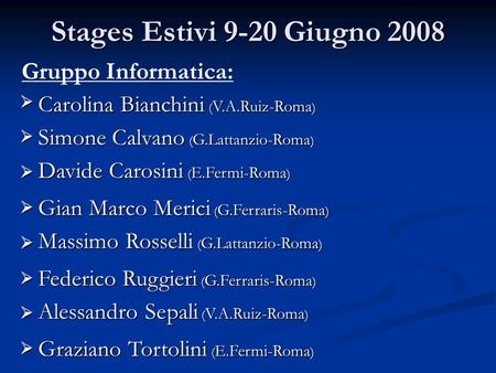 Stages Estivi 9-20 Giugno 2008 Davide Carosini ( E.Fermi-Roma ) Gian Marco Merici ( G.Ferraris-Roma ) Massimo Rosselli ( G.Lattanzio-Roma ) Federico Ruggieri.