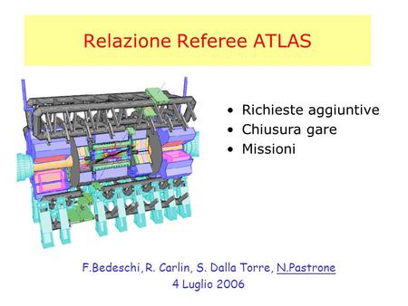 Relazione Referee ATLAS F.Bedeschi, R. Carlin, S. Dalla Torre, N.Pastrone 4 Luglio 2006 Richieste aggiuntive Chiusura gare Missioni.