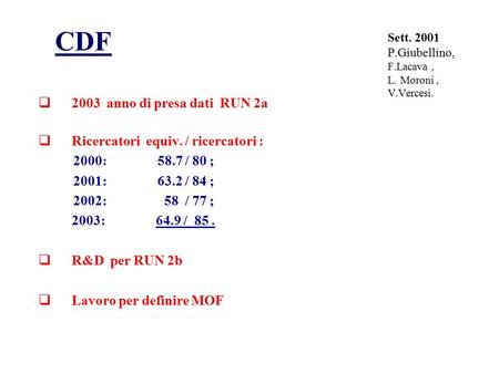 Sett. 2001 P.Giubellino, F.Lacava, L. Moroni, V.Vercesi.  2003 anno di presa dati RUN 2a  Ricercatori equiv. / ricercatori : 2000: 58.7 / 80 ; 2001:
