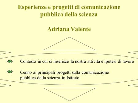 Esperienze e progetti di comunicazione pubblica della scienza Adriana Valente Contesto in cui si inserisce la nostra attività e ipotesi di lavoro Cenno.