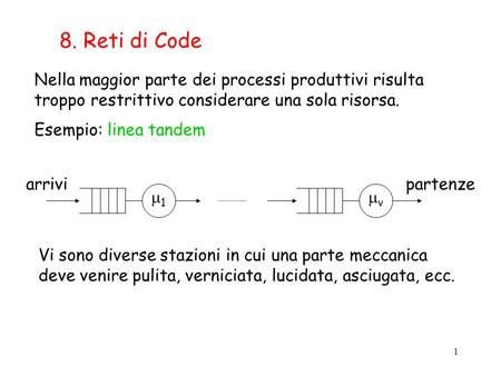 8. Reti di Code Nella maggior parte dei processi produttivi risulta troppo restrittivo considerare una sola risorsa. Esempio: linea tandem arrivi 1 v.