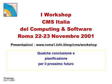 22-11-2001 P.Capiluppi I Workshop CMS Italia del Computing & Software Roma 22-23 Novembre 2001 Qualche conclusione e pianificazione per il prossimo futuro.