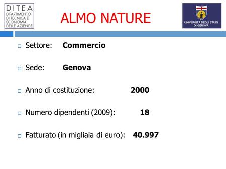 ALMO NATURE Settore:Commercio Sede:Genova Anno di costituzione: 2000 Numero dipendenti (2009): 18 Fatturato (in migliaia di euro): 40.997.
