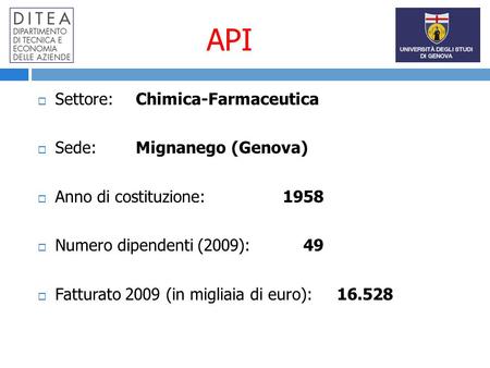 API Settore:Chimica-Farmaceutica Sede:Mignanego (Genova) Anno di costituzione: 1958 Numero dipendenti (2009): 49 Fatturato 2009 (in migliaia di euro):