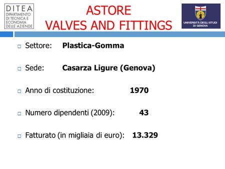 ASTORE VALVES AND FITTINGS Settore:Plastica-Gomma Sede:Casarza Ligure (Genova) Anno di costituzione: 1970 Numero dipendenti (2009): 43 Fatturato (in migliaia.