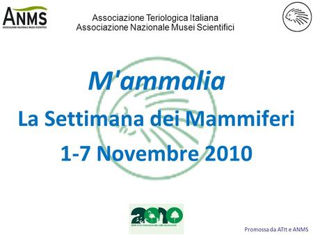 Promossa da ATIt e ANMS M'ammalia La Settimana dei Mammiferi 1-7 Novembre 2010 Associazione Teriologica Italiana Associazione Nazionale Musei Scientifici.