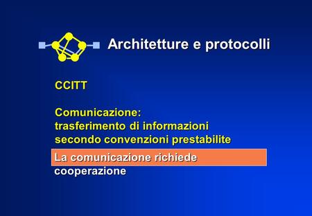 Architetture e protocolli CCITTComunicazione: trasferimento di informazioni secondo convenzioni prestabilite La comunicazione richiede cooperazione.
